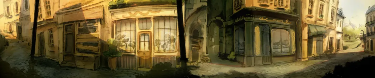 A yellow-tinted old street in Paris, with cobbled street, shops and boarded houses, in a watercolour style