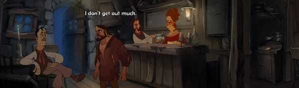 Four cartoon characters in an inn with the caption 'I don't get out much'